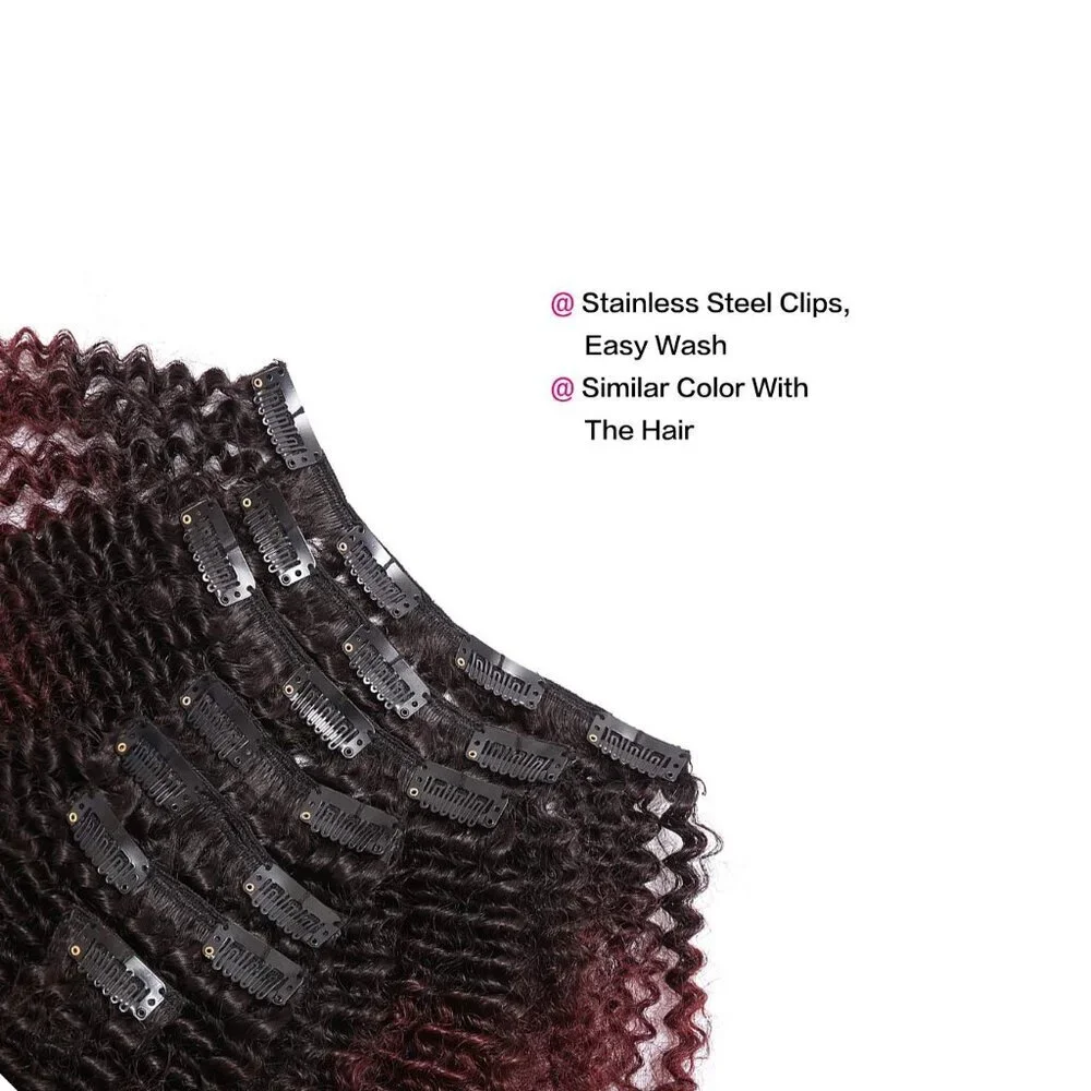 Human Hair Curly Clip Ins Afro Kinky Curly 10in Ombre Black to Red